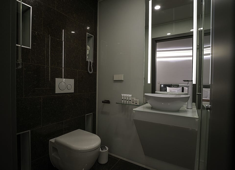 Shower, hydromassage showerhead, free toiletries, hair dryer