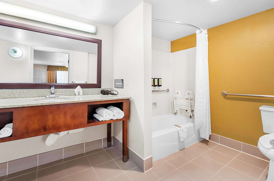 Standard Room, 1 Queen Bed, Accessible, Refrigerator & Microwave | Bathroom | Combined shower/tub, hair dryer, towels, soap