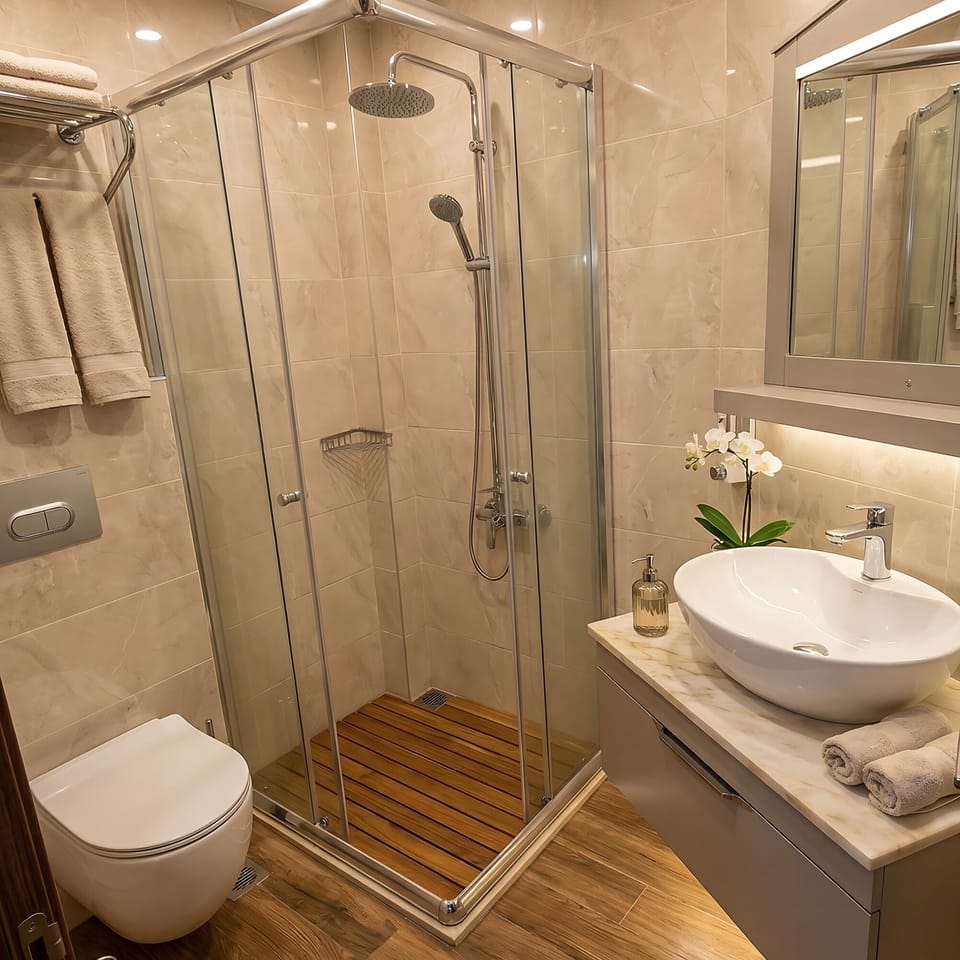 Family Room | Bathroom | Shower, free toiletries, hair dryer, slippers