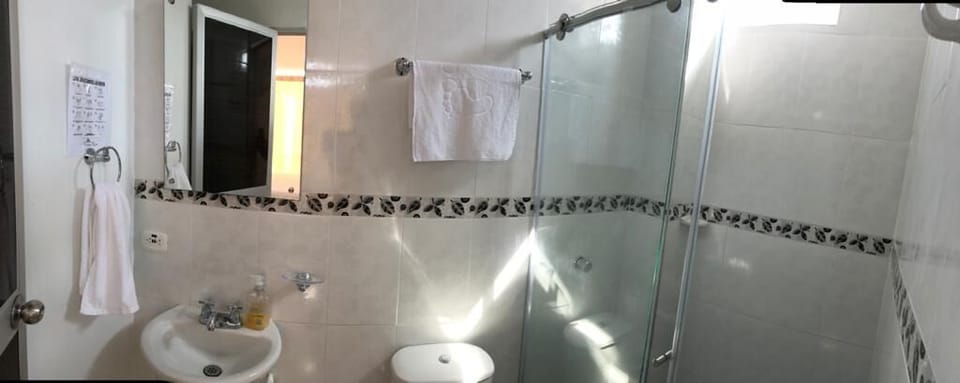 Shower, towels, soap, toilet paper