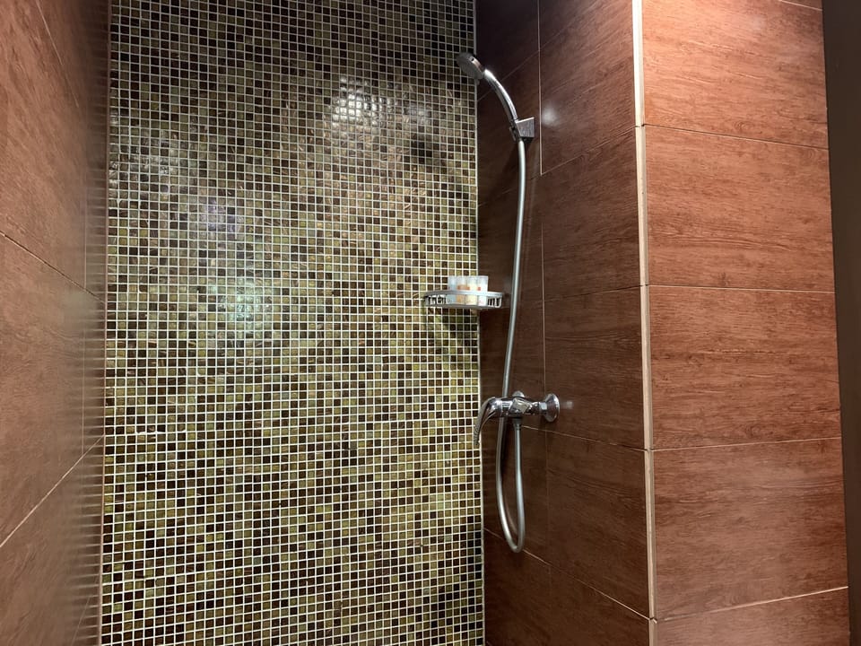 Shower, hair dryer, slippers, towels