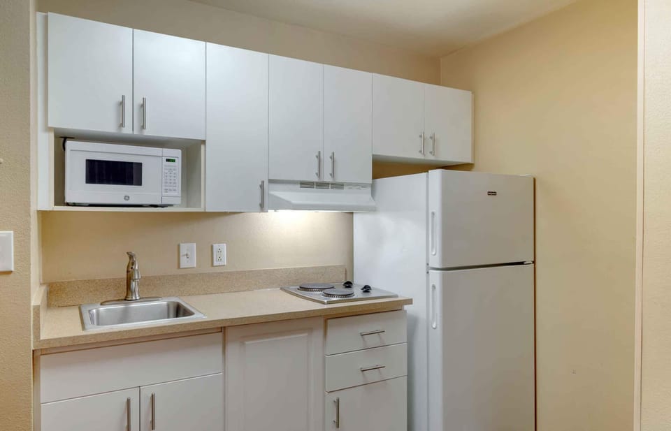 Full-size fridge, microwave, stovetop