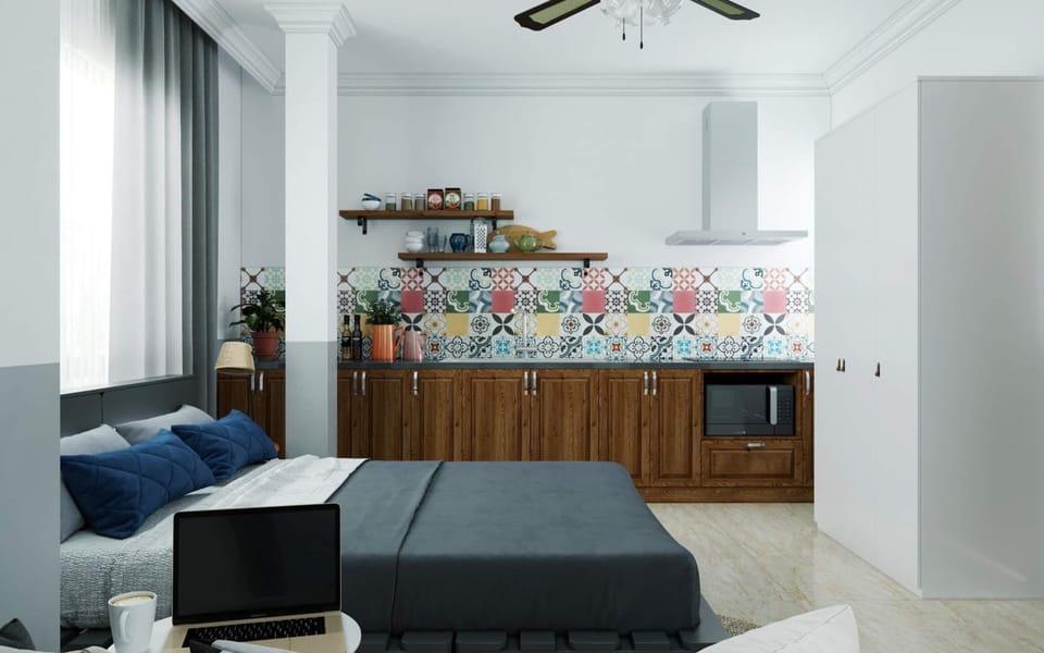 Deluxe Apartment | Private kitchen | Fridge, microwave, stovetop, electric kettle