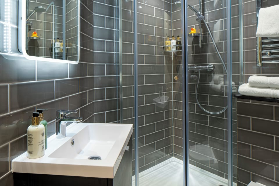 Combined shower/tub, hair dryer, towels, soap