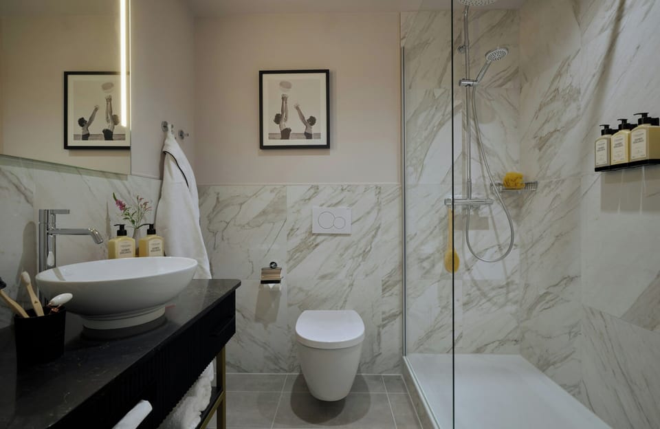 Shower, eco-friendly toiletries, hair dryer, towels
