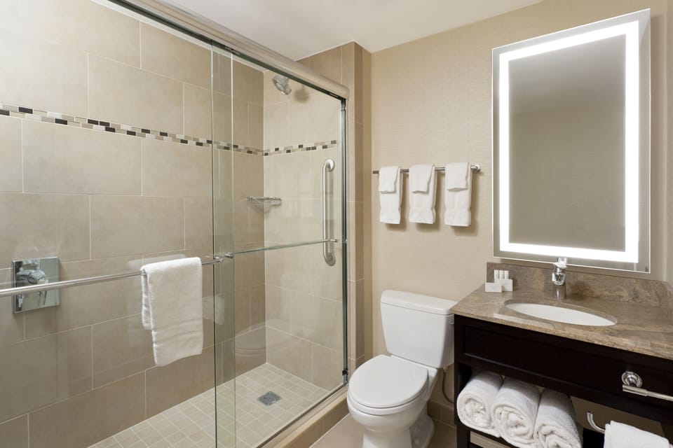 Shower, free toiletries, hair dryer, towels