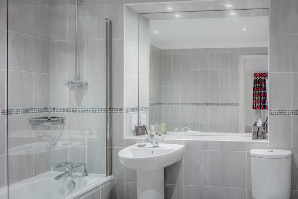 Combined shower/tub, free toiletries, hair dryer, towels