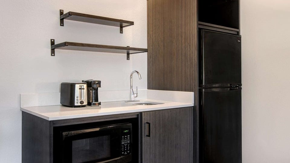 Fridge, microwave, coffee/tea maker, toaster