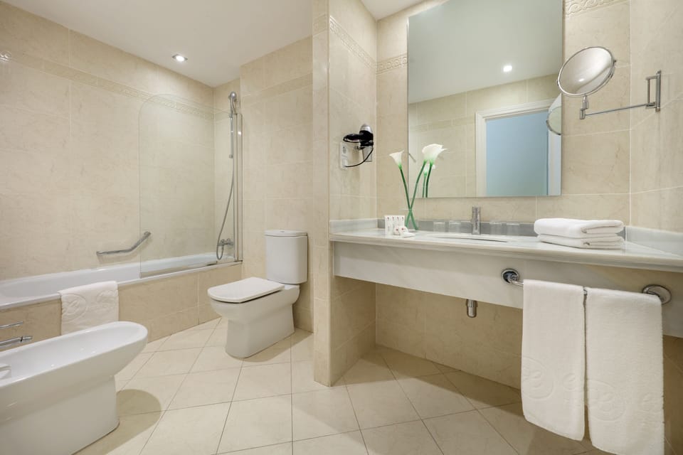 Combined shower/tub, eco-friendly toiletries, hair dryer, bidet