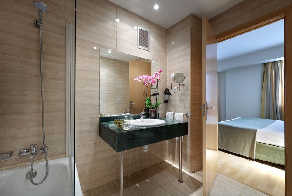 Eco-friendly toiletries, hair dryer, slippers, bidet