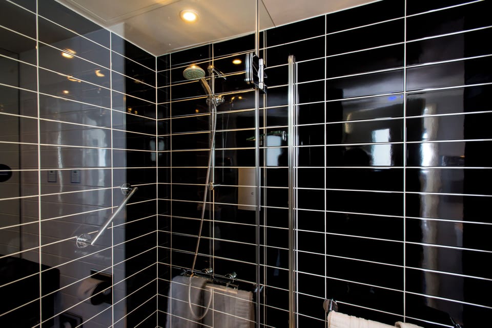 Shower, eco-friendly toiletries, hair dryer, towels