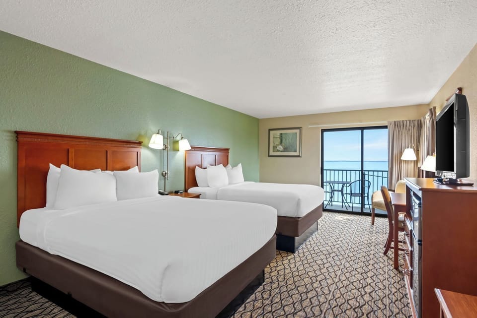 Two Queens with Balcony Overlooking Lake | Desk, iron/ironing board, free WiFi, bed sheets