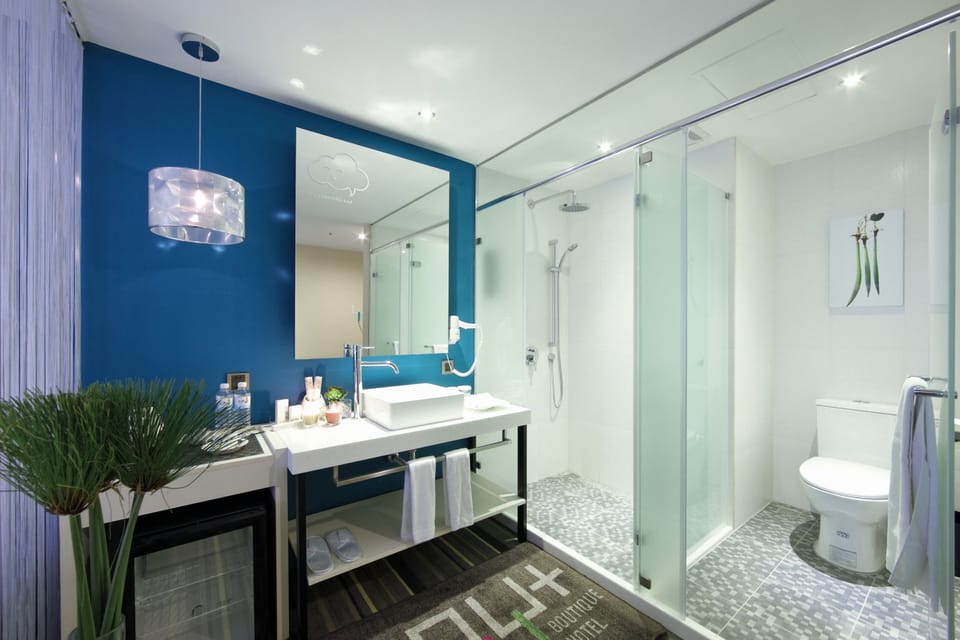 Shower, hair dryer, slippers, towels