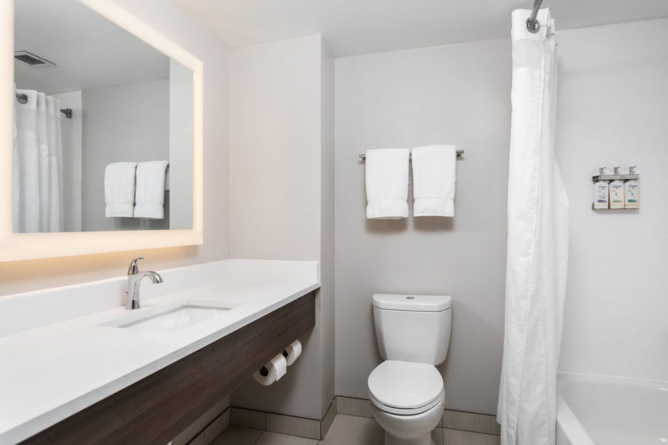 Combined shower/tub, hair dryer, towels