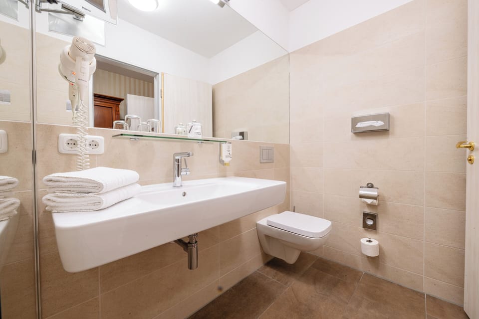 Standard Double Room | Bathroom | Shower, hydromassage showerhead, hair dryer, towels