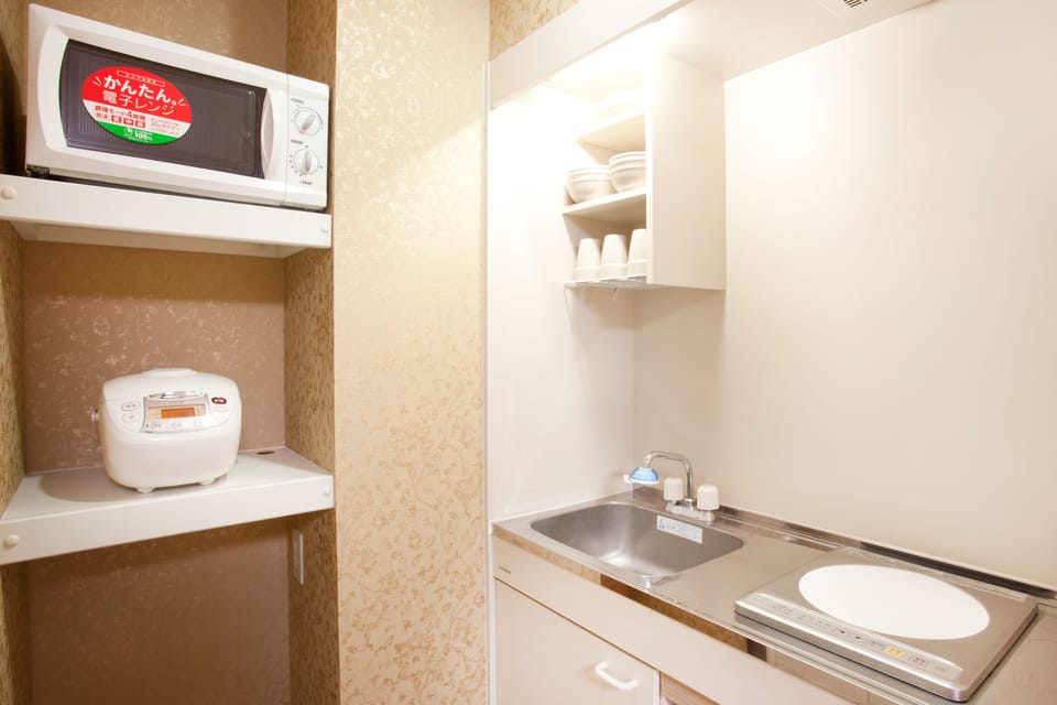 Fridge, microwave, rice cooker, cookware/dishes/utensils