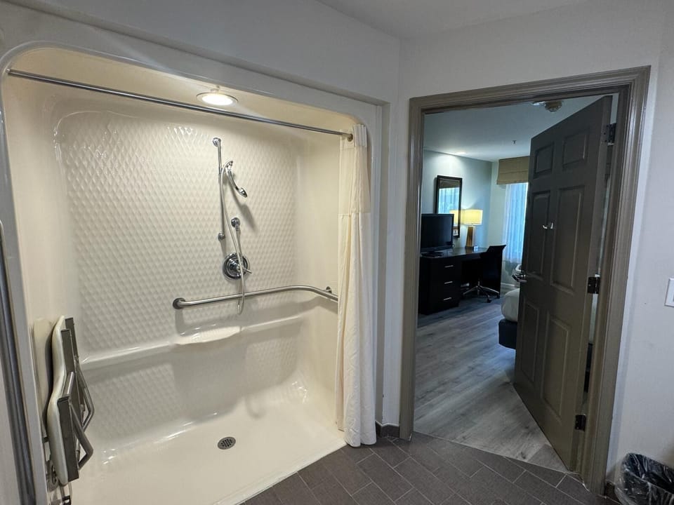 Suite, 1 King Bed, Accessible, Non Smoking (Mobility, Roll-In Shower) | Bathroom | Free toiletries, hair dryer, towels, soap