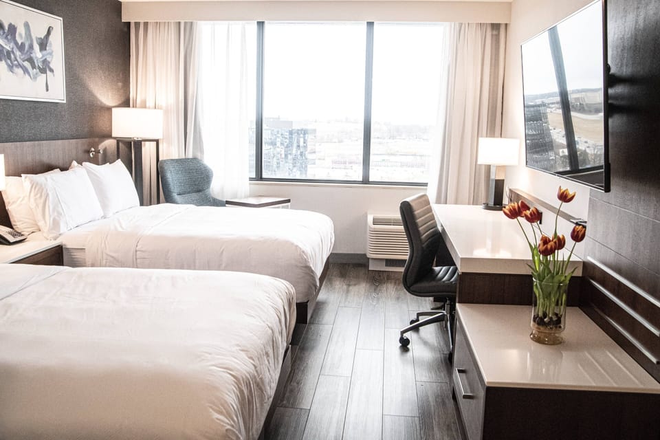 Room, 2 Double Beds | Desk, laptop workspace, blackout drapes, iron/ironing board