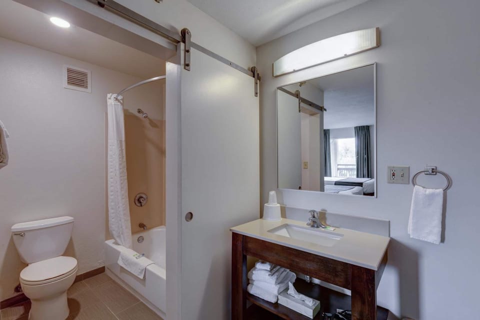 Combined shower/tub, hair dryer, towels