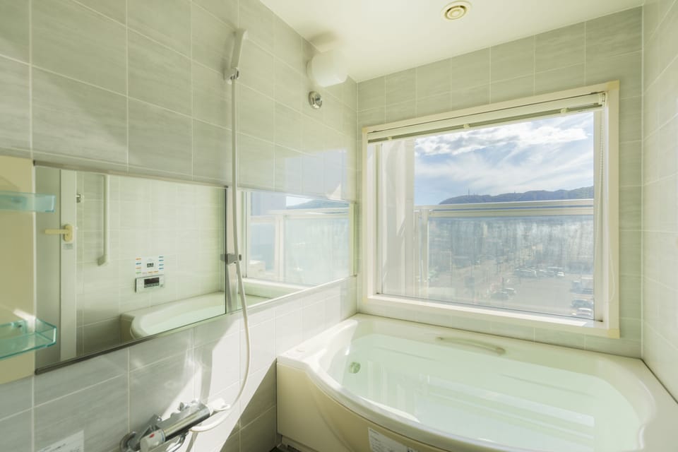 Separate tub and shower, free toiletries, hair dryer, slippers