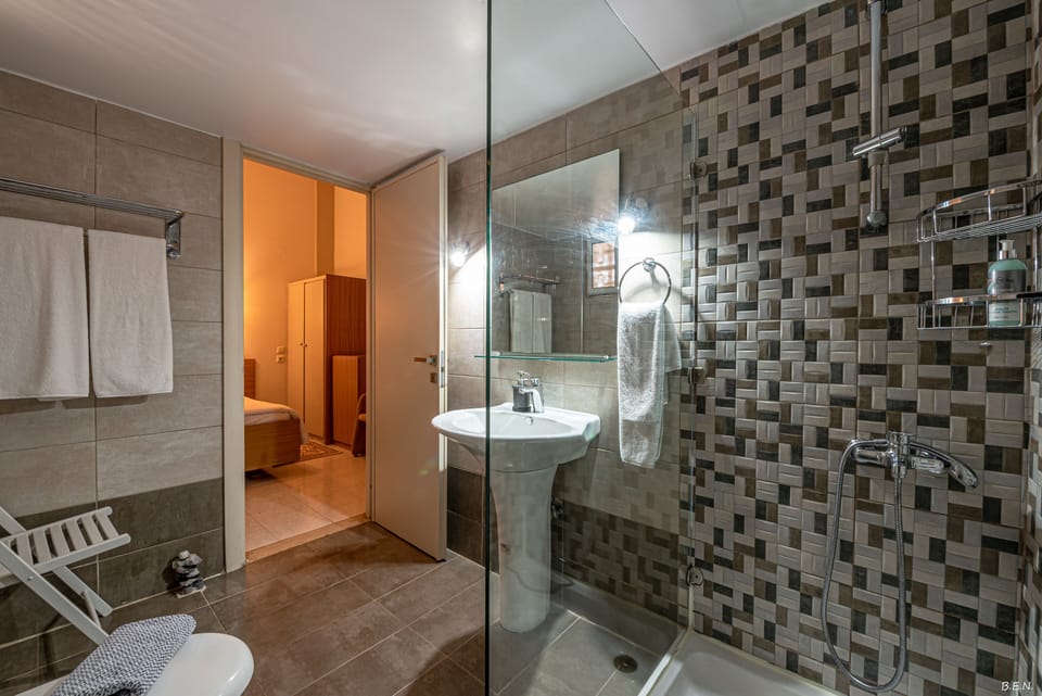 Double or Twin Room, Garden View (Back view) | Bathroom | Shower, hair dryer, towels