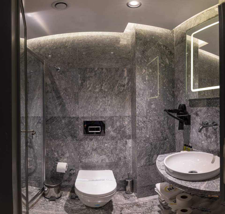 Shower, rainfall showerhead, free toiletries, hair dryer