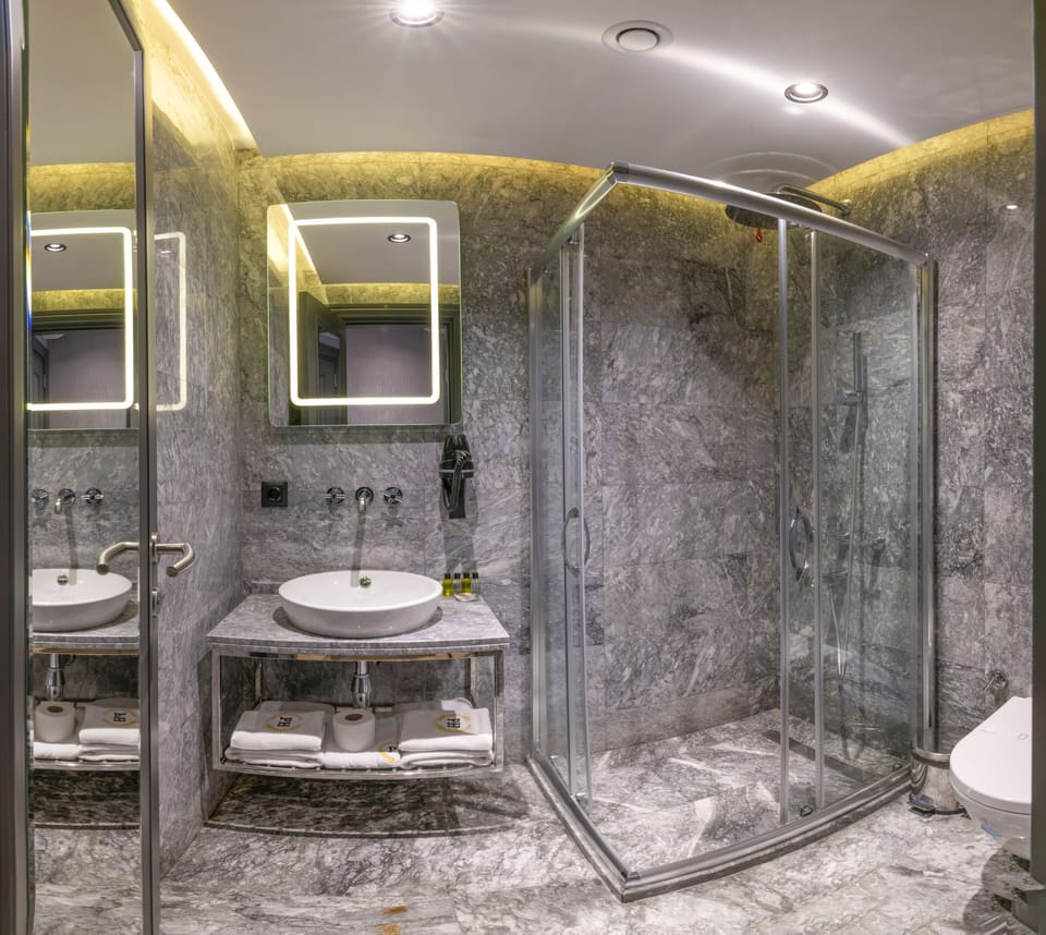 Shower, rainfall showerhead, free toiletries, hair dryer
