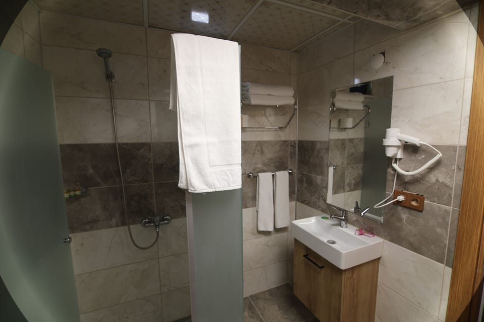 Shower, rainfall showerhead, hair dryer, slippers