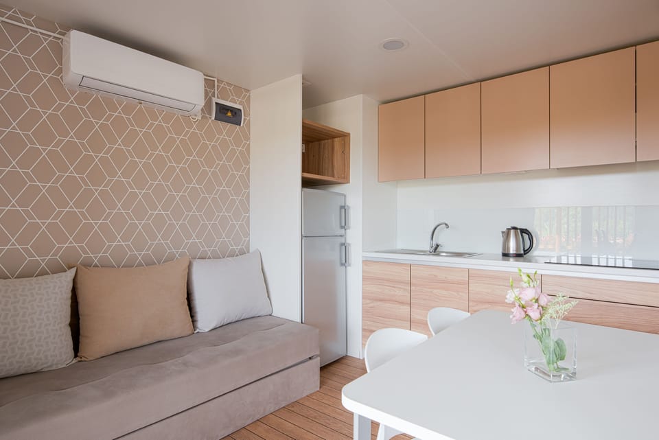 Premium Mobile Home - pool area | Private kitchen | Fridge, stovetop, dishwasher, cookware/dishes/utensils