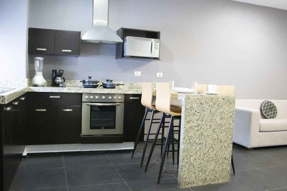Full-size fridge, microwave, stovetop, blender