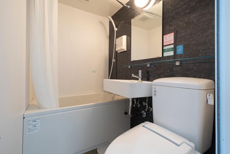 Combined shower/tub, free toiletries, hair dryer, slippers