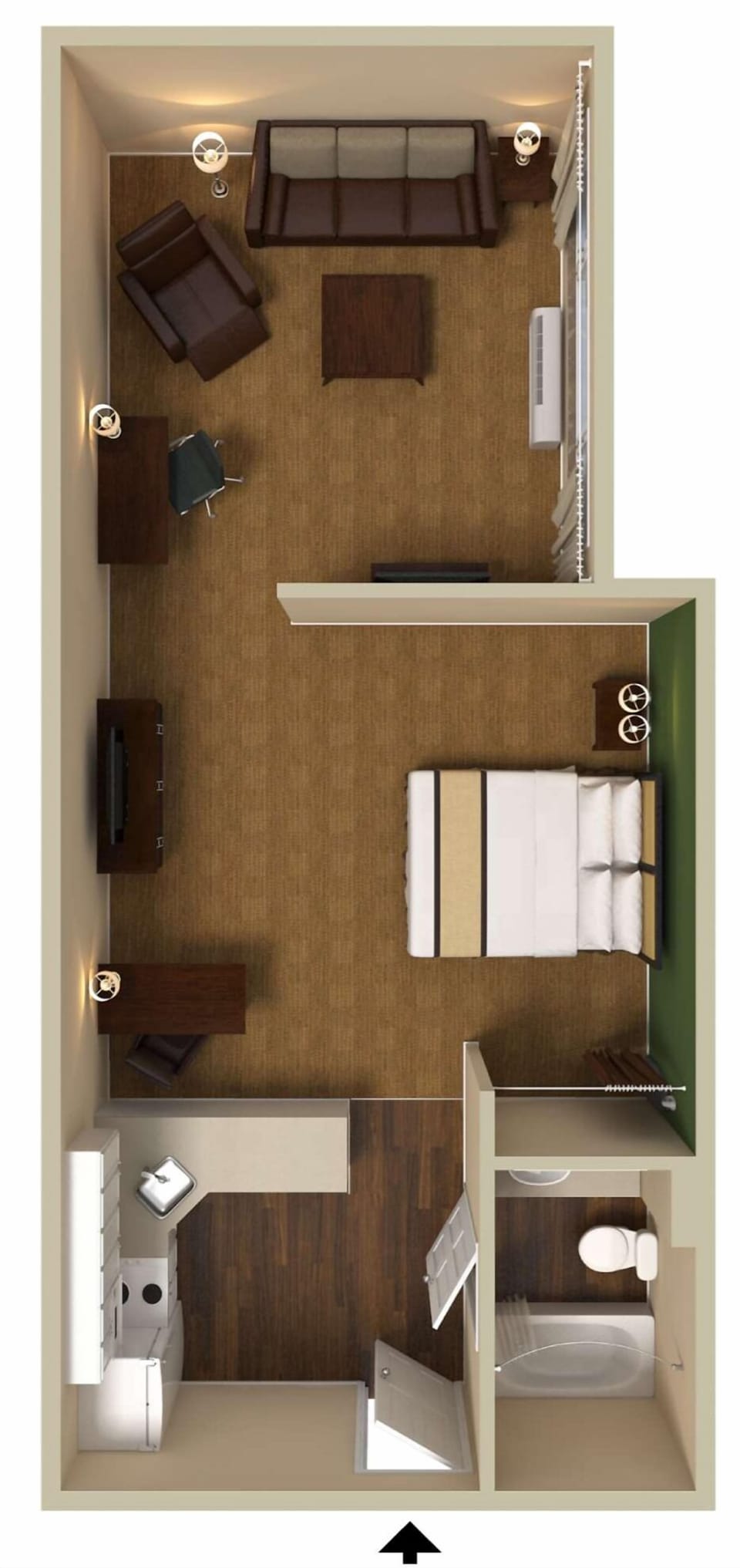 Desk, laptop workspace, blackout drapes, iron/ironing board