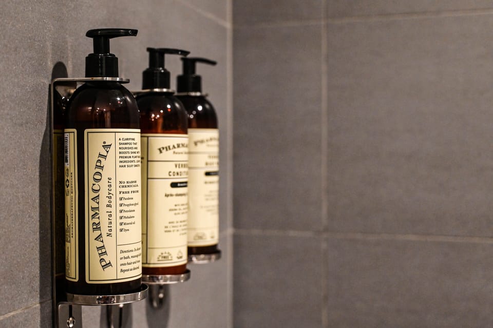 Shower, rainfall showerhead, eco-friendly toiletries, hair dryer