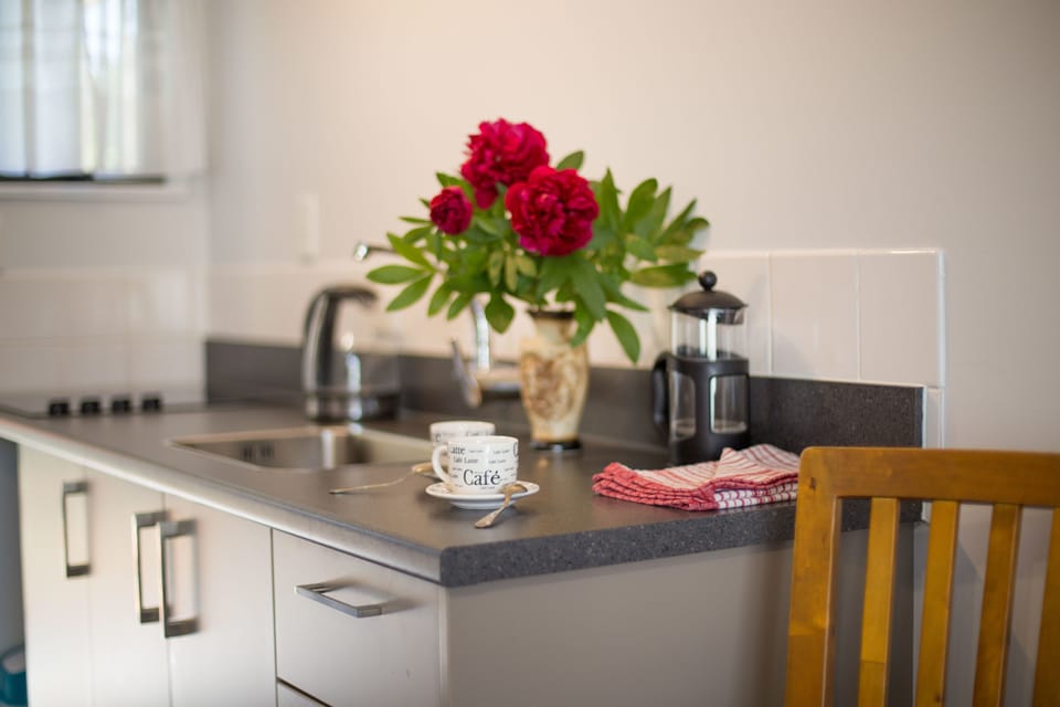 Coffee/tea maker, fridge, microwave, oven