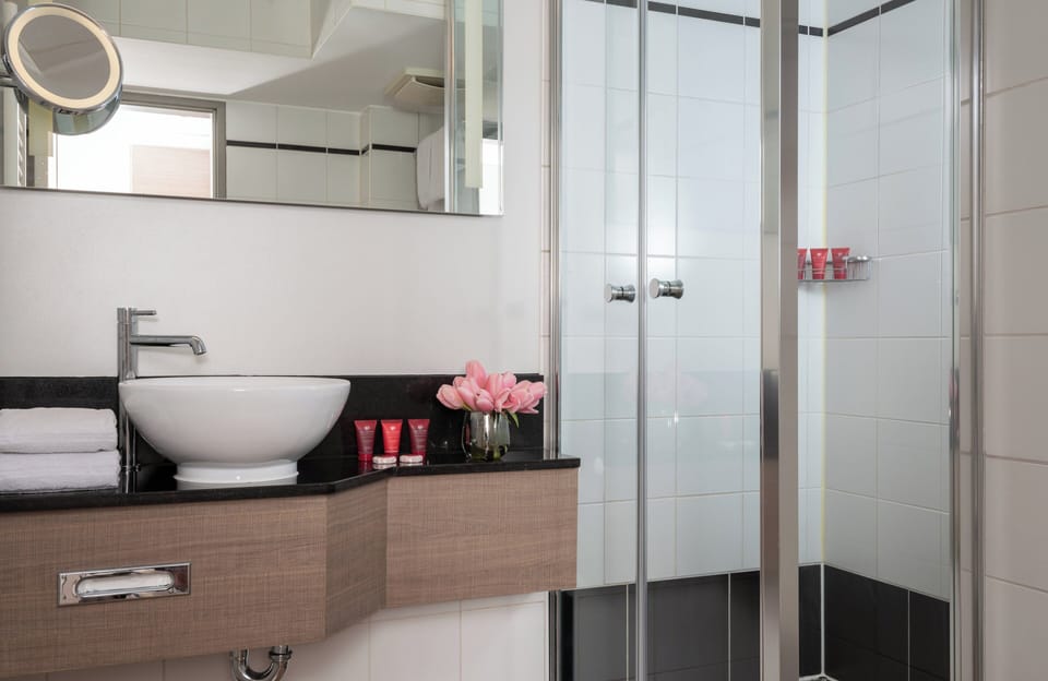 Shower, hair dryer, towels