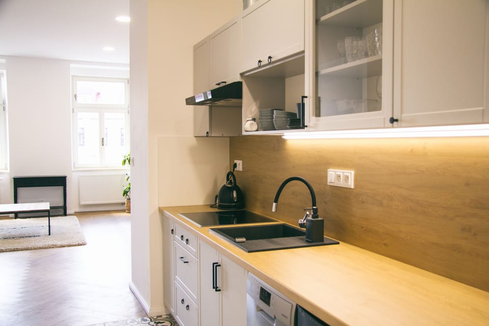 Family Apartment | Private kitchen | Stovetop, electric kettle, cookware/dishes/utensils