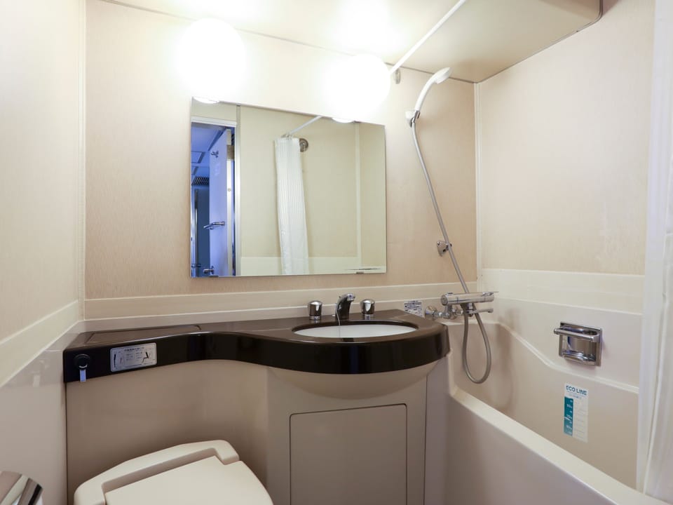 Combined shower/tub, free toiletries, hair dryer, slippers