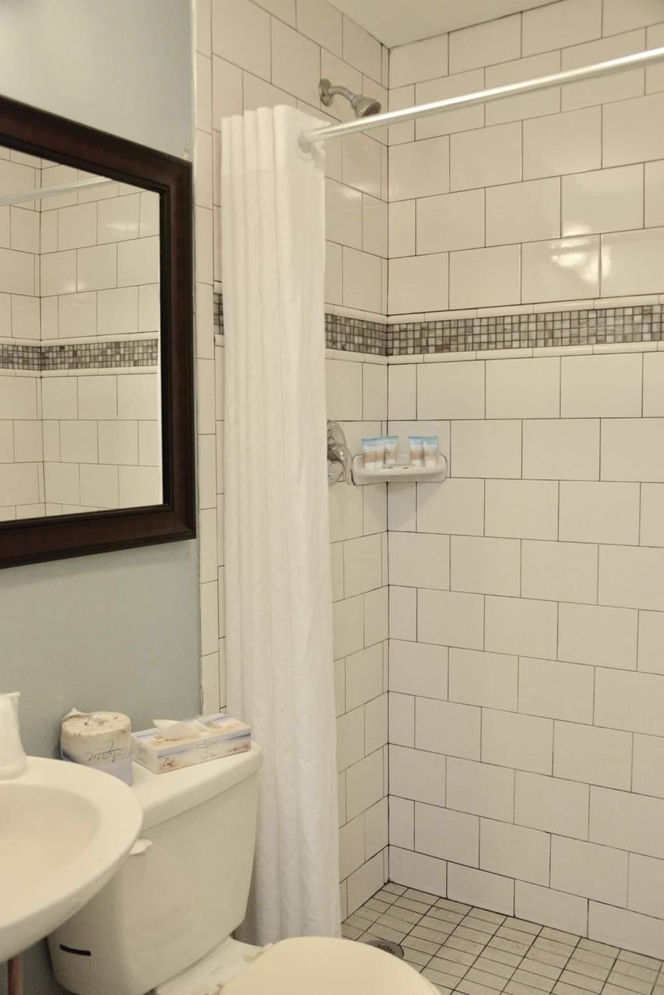 Combined shower/tub, free toiletries, towels