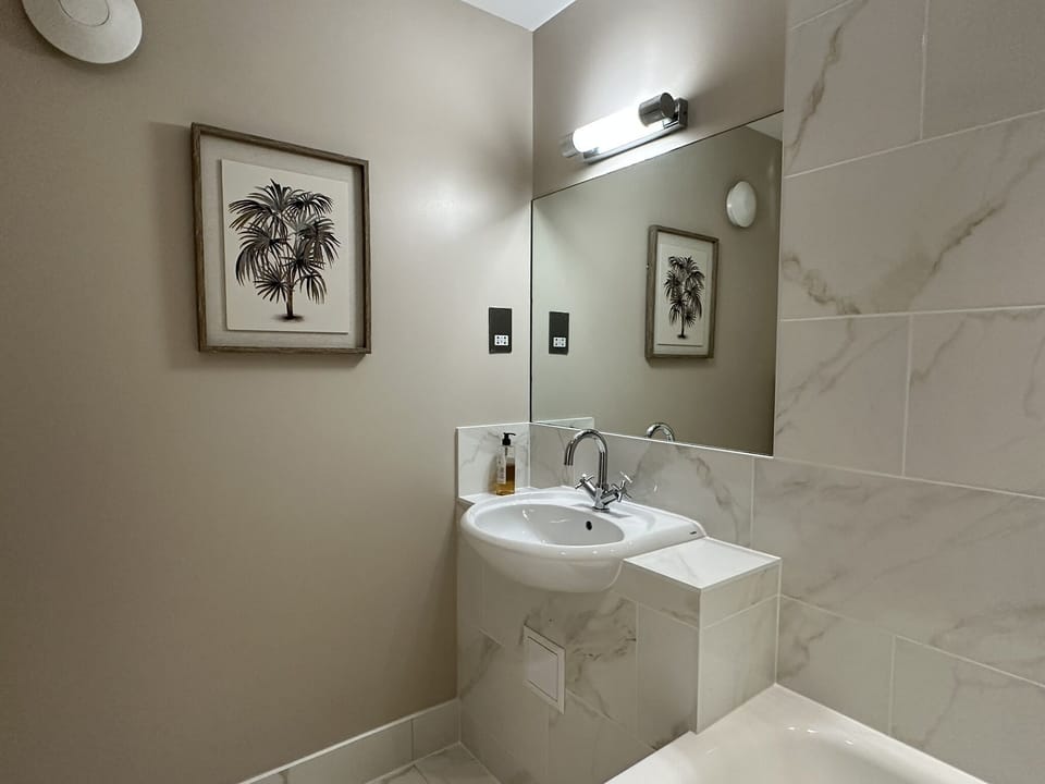 Combined shower/tub, hair dryer, towels, soap