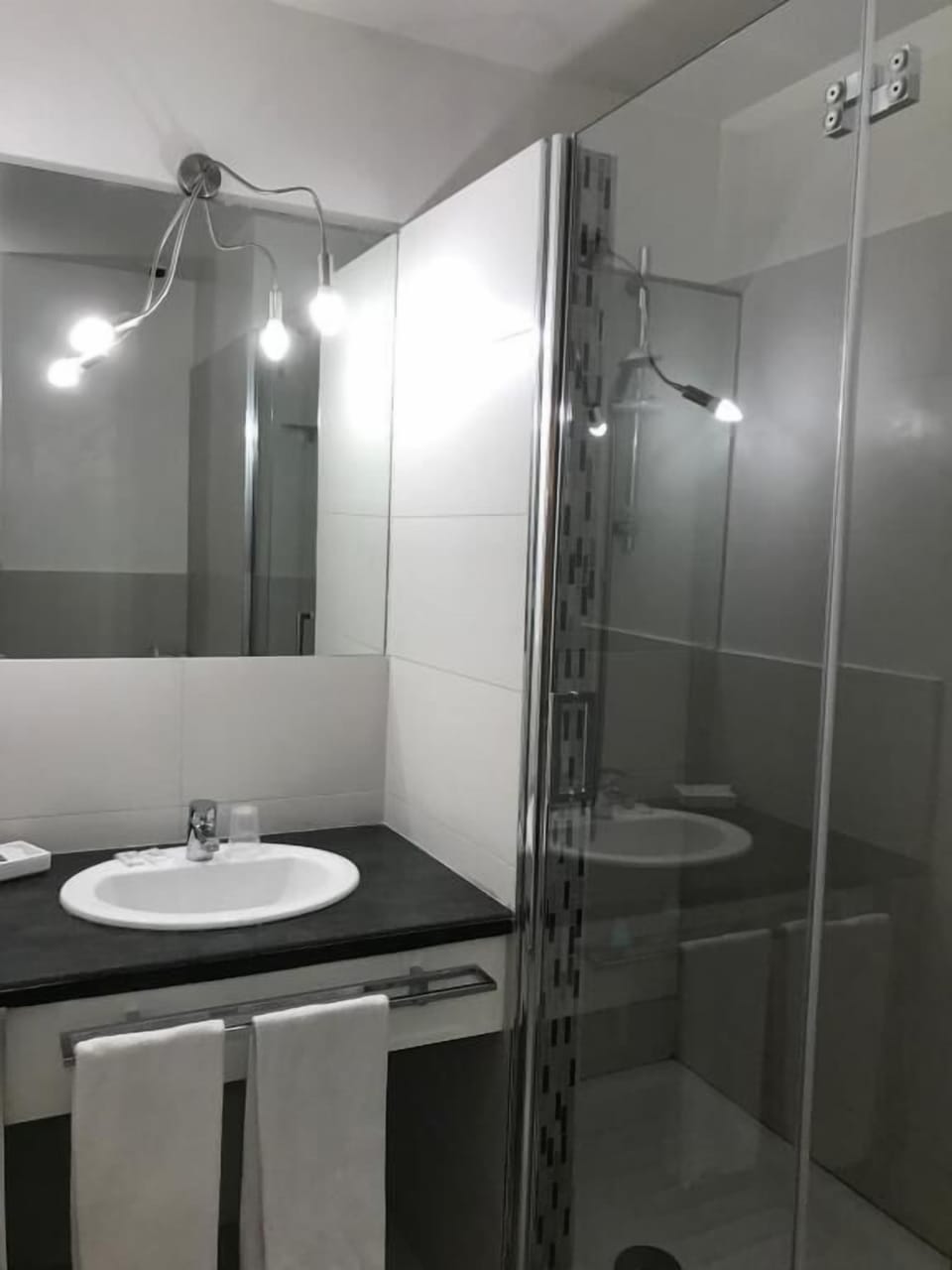 Shower, hair dryer, bathrobes, towels