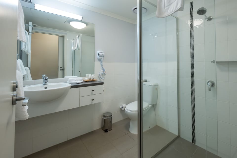 Shower, free toiletries, towels, soap