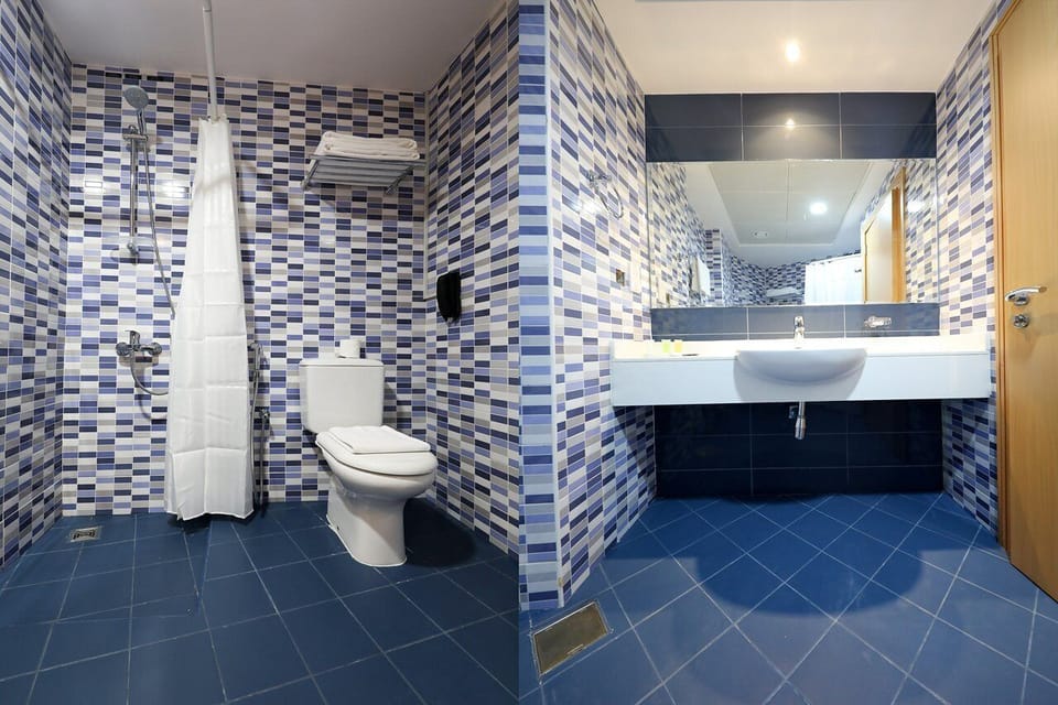 Shower, hydromassage showerhead, hair dryer, bathrobes