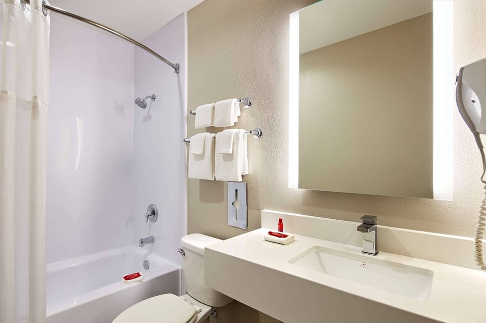 Combined shower/tub, free toiletries, hair dryer, towels