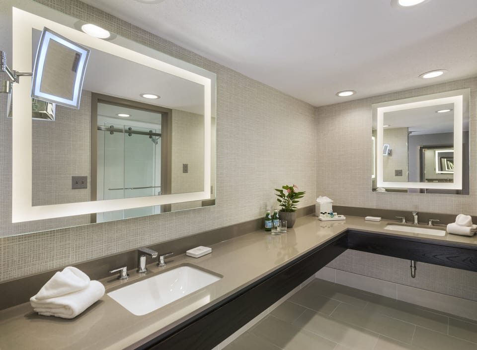 Combined shower/tub, free toiletries, hair dryer, towels