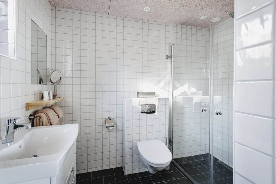 Shower, designer toiletries, hair dryer, towels