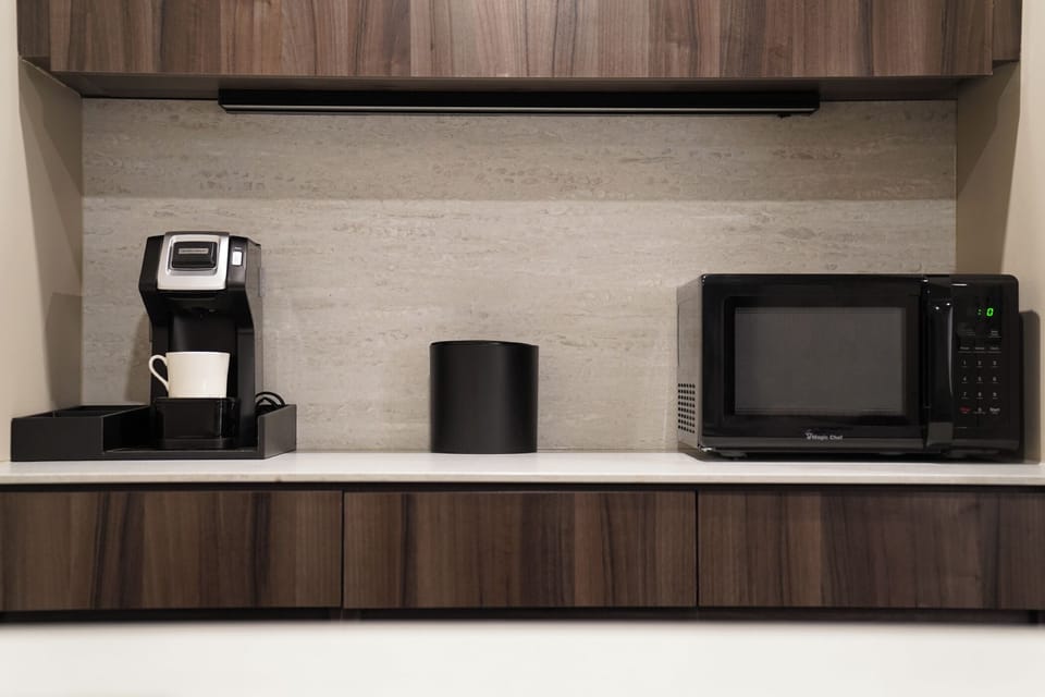Mini-fridge, microwave, coffee/tea maker