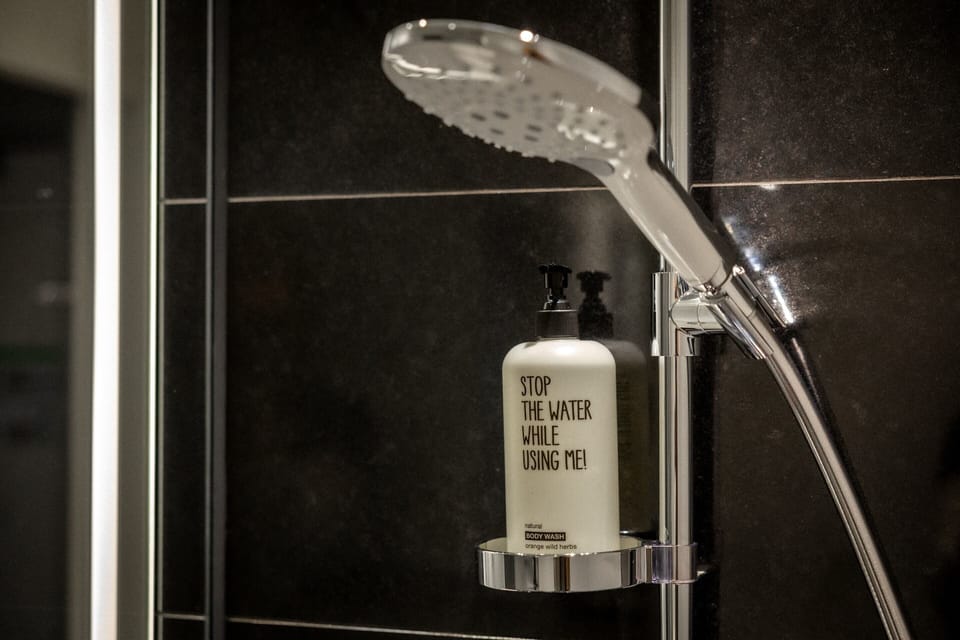 Shower, rainfall showerhead, free toiletries, hair dryer