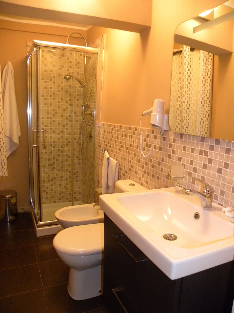 Shower, rainfall showerhead, hair dryer, bathrobes