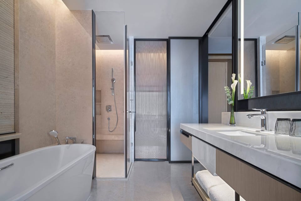 Separate tub and shower, free toiletries, hair dryer, bathrobes