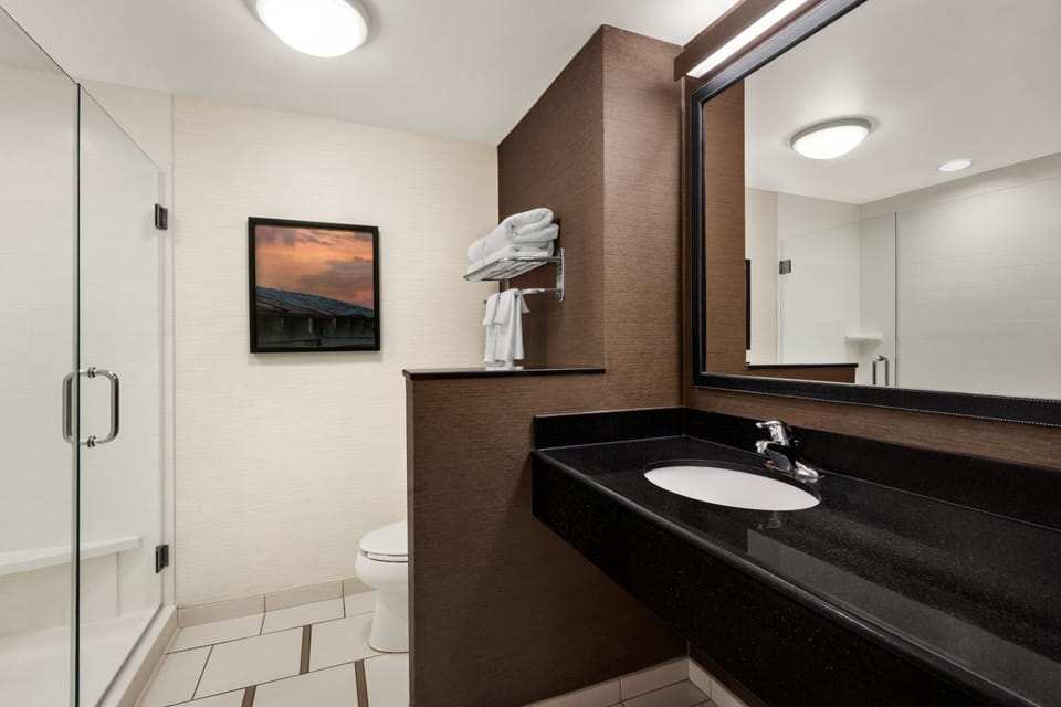 Combined shower/tub, free toiletries, hair dryer, towels